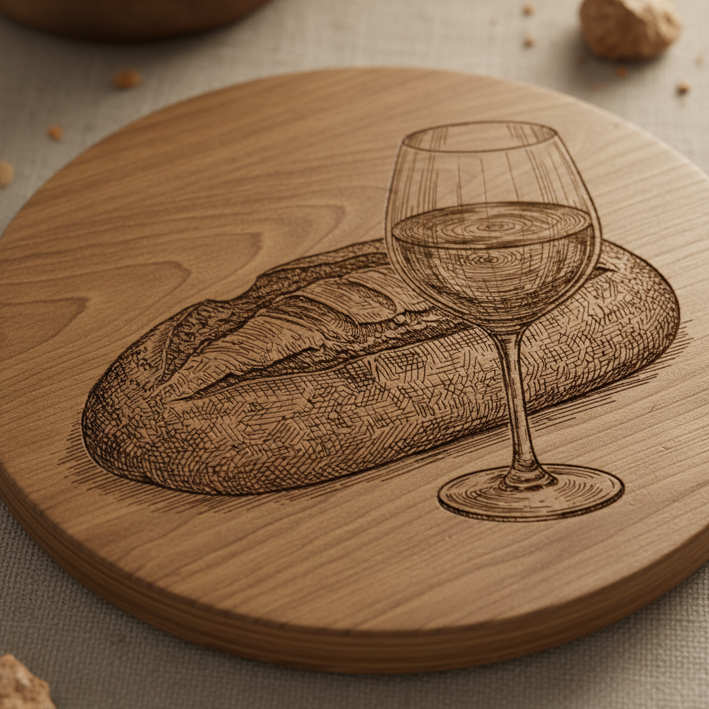 Détail de la gravure artisanale motif pain et vin sur dessous de verre en bois naturel