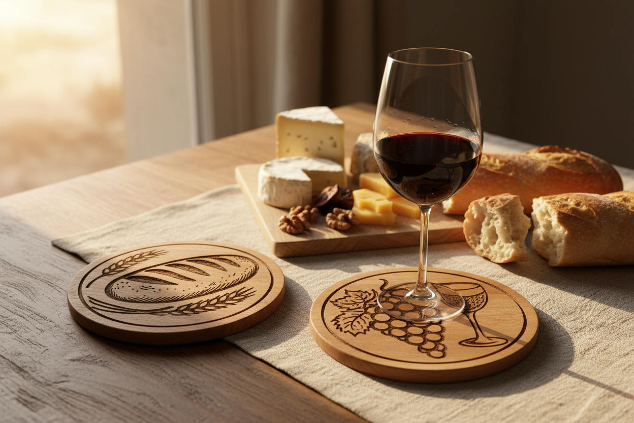 Dessous de verre bois gravé pain et vin posés sur une table française avec verre de vin rouge
