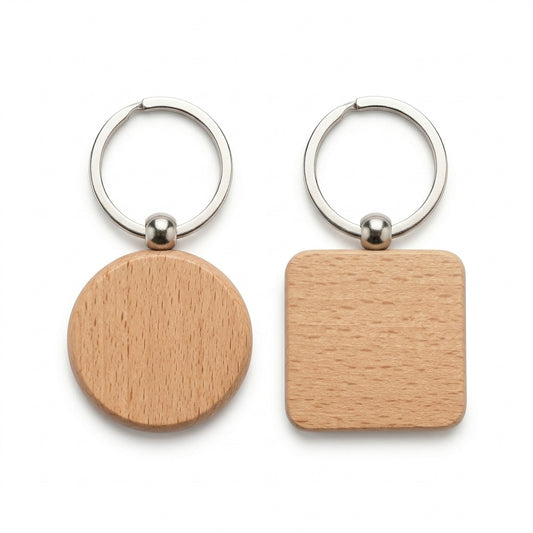 Porte-clés en bois personnalisables BANCO, formes ronde et carrée